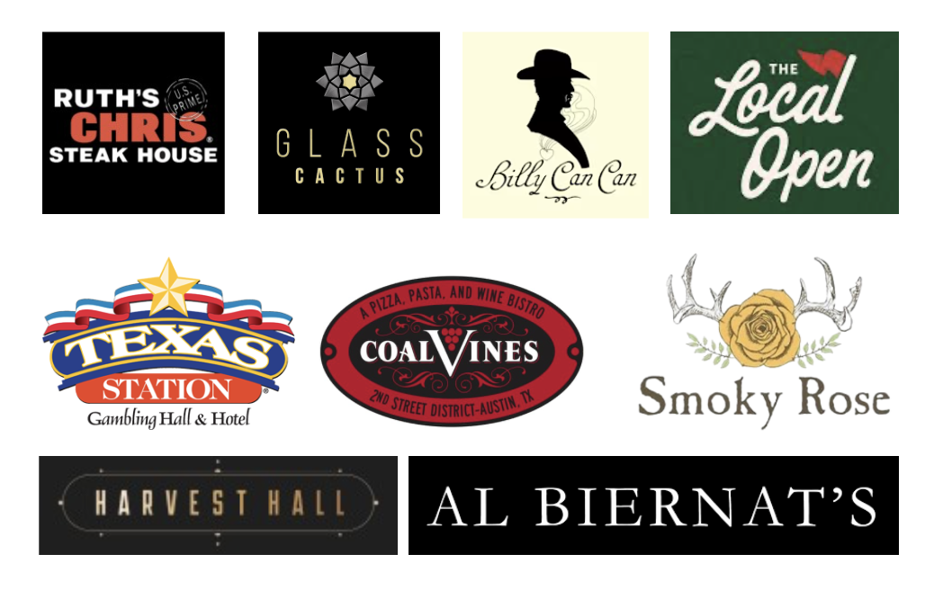 Restaurant partner logos including Ruth's Chris, Glass Cactus, Billy Can Can, Coal Vines, Al Biernat's, and more