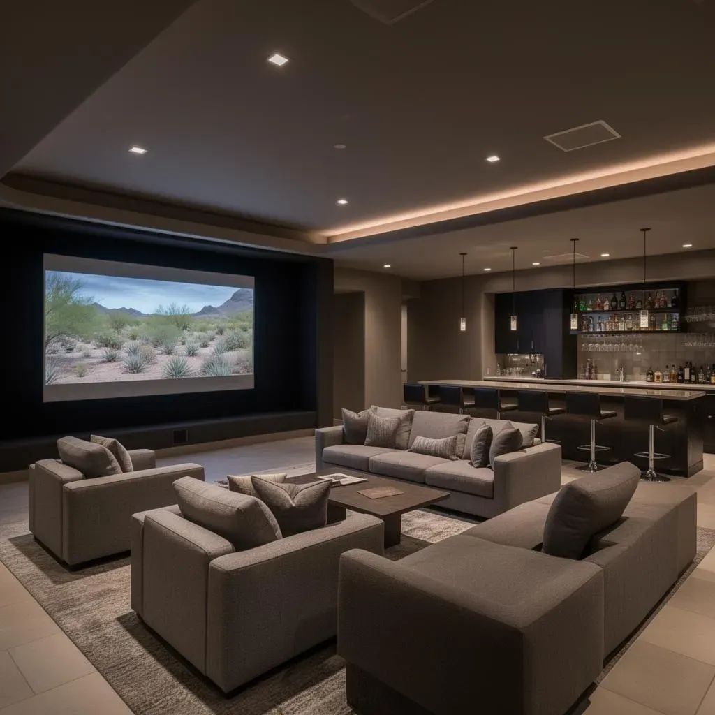 Adjacent entertainment lounge with bar