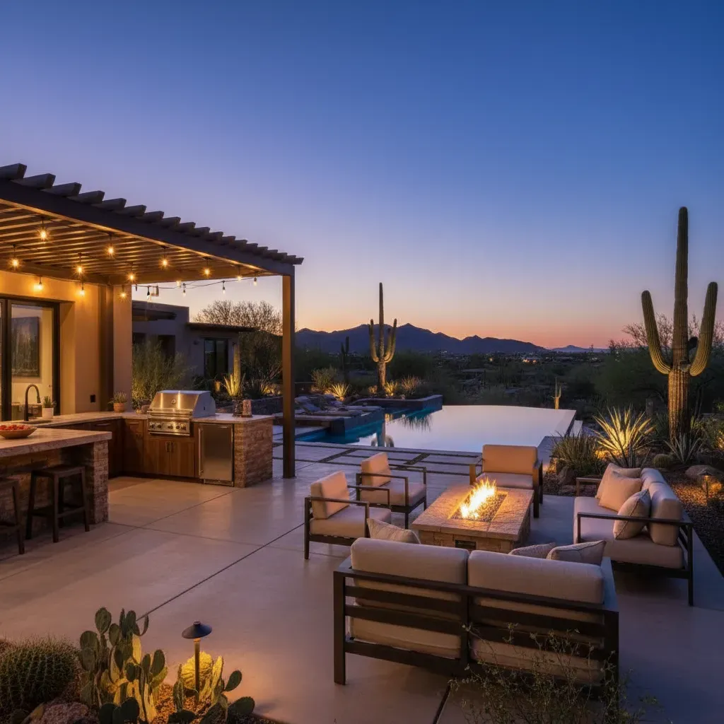 Outdoor kitchen and infinity pool with desert views